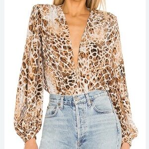 Revolve Bronx and Branco Animal Print Brown Button-Front Bodysuit Top